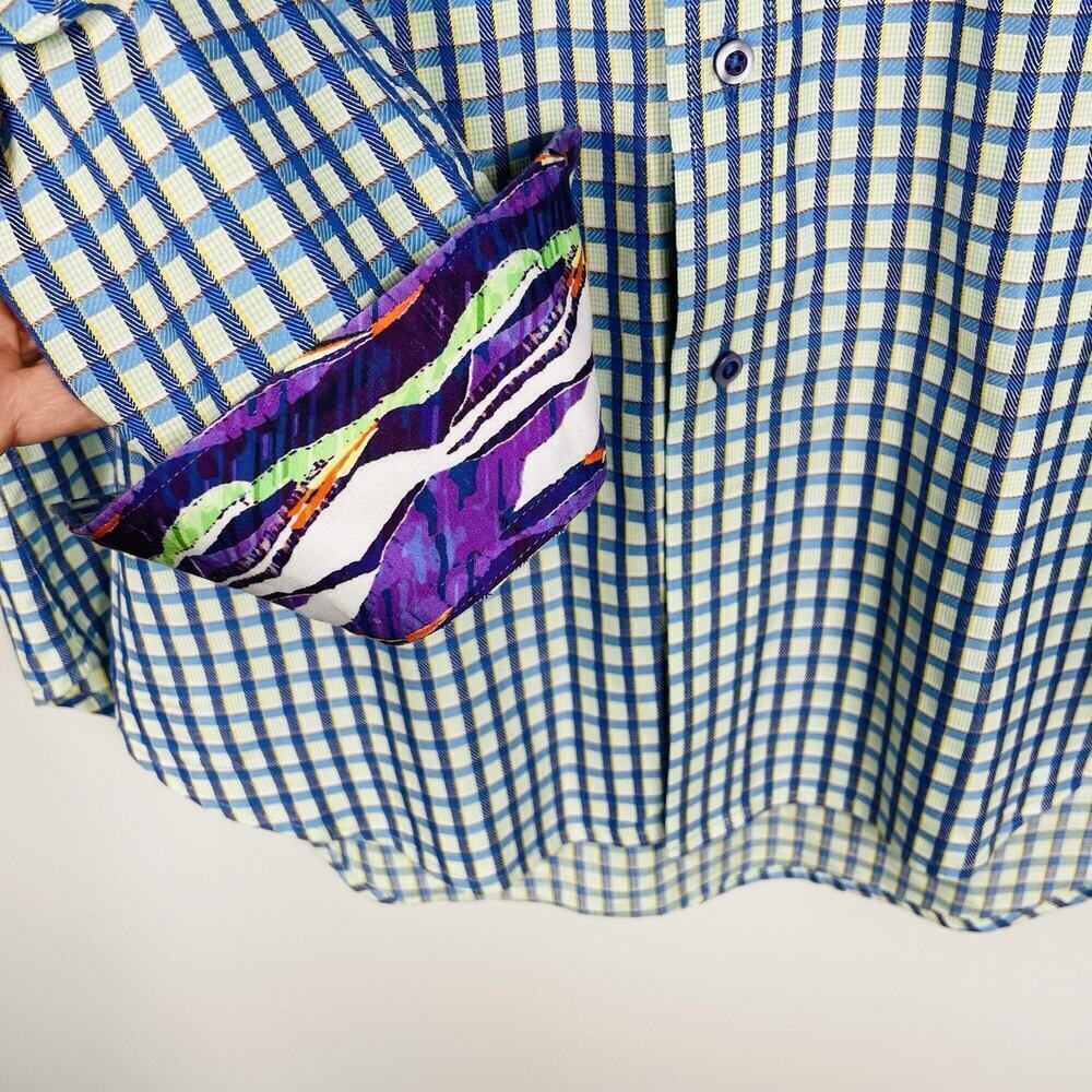Robert Graham Flip Cuff Shirt Size Medium Blue Plaid Classic Colorful Preppy - Picture 5 of 14